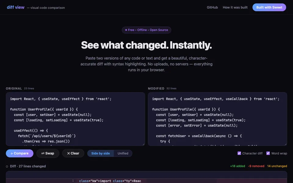 Diff viewer comparing two React components side by side